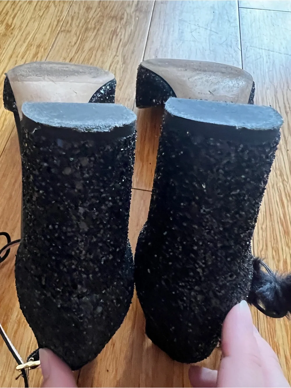 kate spade Abigail Black Glitter Ankle-Strap Block Heels with Pom Pom